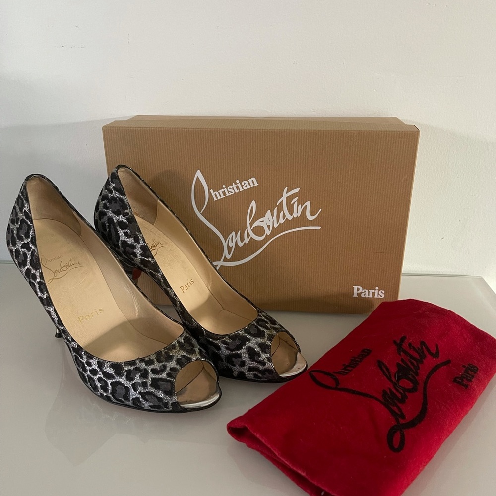 Christian Louboutin Slvr + Blk Cheetah Peep Toe